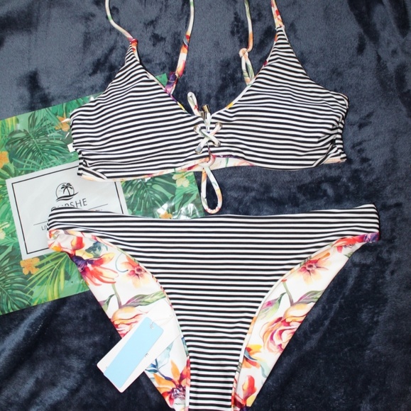 NWT White Floral and Stripes Reversible Bikini - Picture 2 of 7